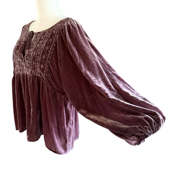 Lucky Brand Rose Taupe Velvet Long Sleeve Embroidered Top Women M Boho Peasant - Picture 4 of 7